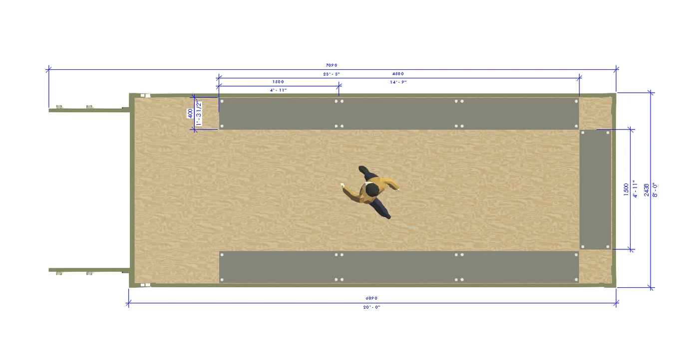 20ft container with 1500 × 400mm shelving, floor plan