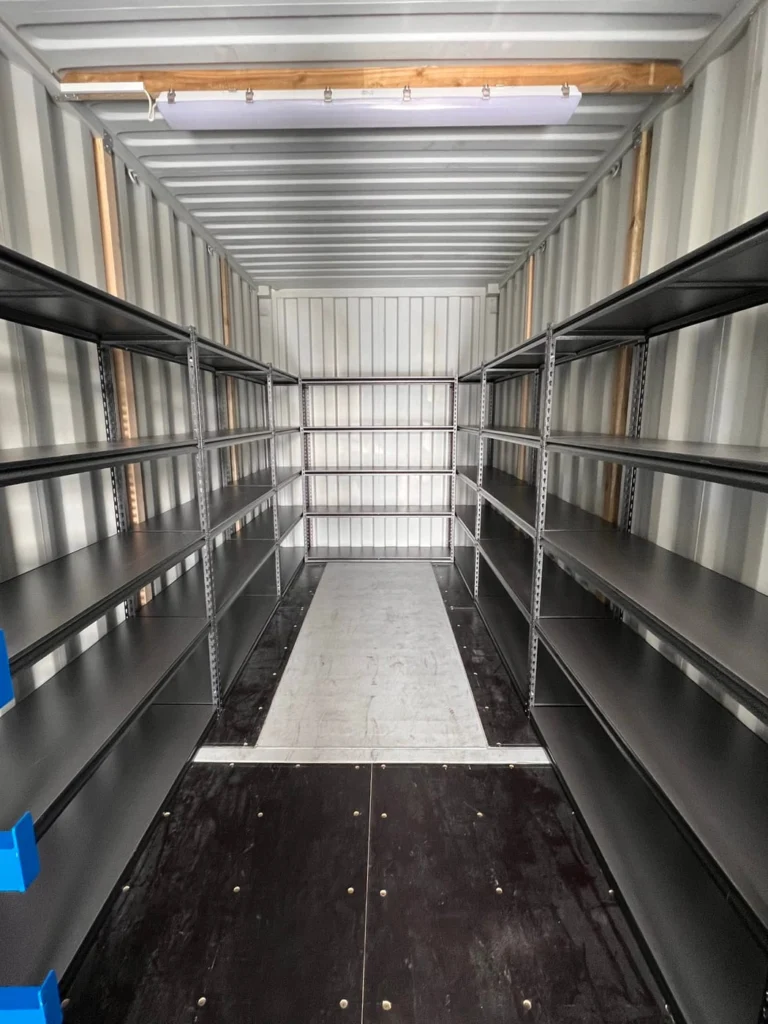 20ft container with shelving, interior view