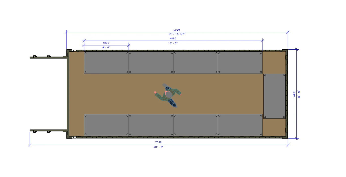 20ft container with 1220 × 610mm shelving, floor plan