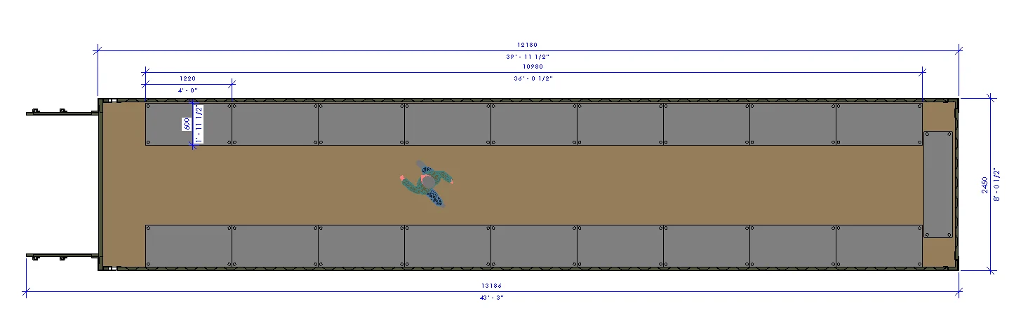 40ft container with 1220 × 610mm shelving, floor plan