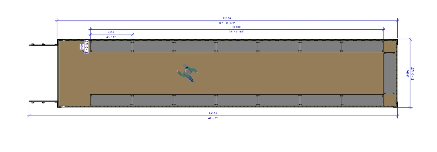 40ft container with 1500 × 400mm shelving, floor plan