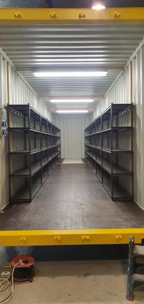 Inside a shelved container