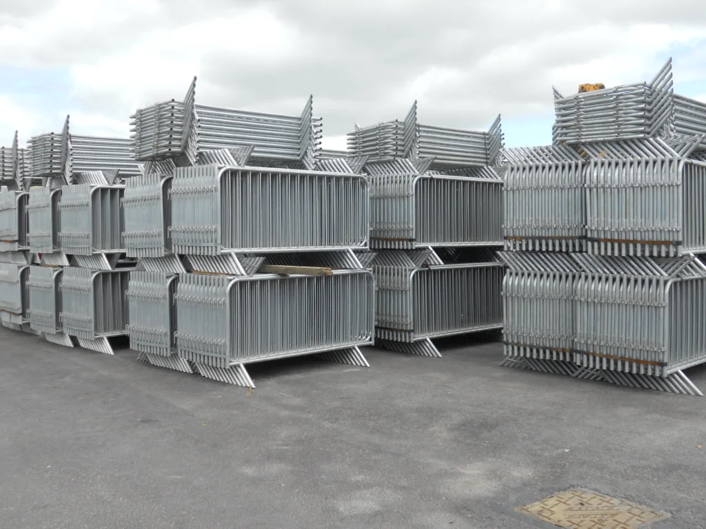 Galvanised crowd-control barriers stacked in bales at the Hayes base in Castlefreke, West Cork